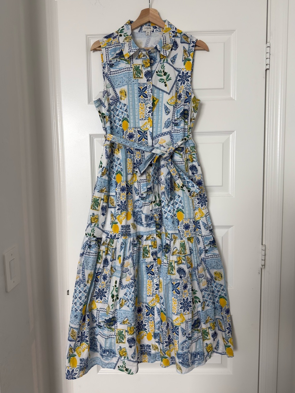 J Crew Dolce Vita Lemon Tile Print Cotton Midi Dress Size 10 Summer Cotton Belt